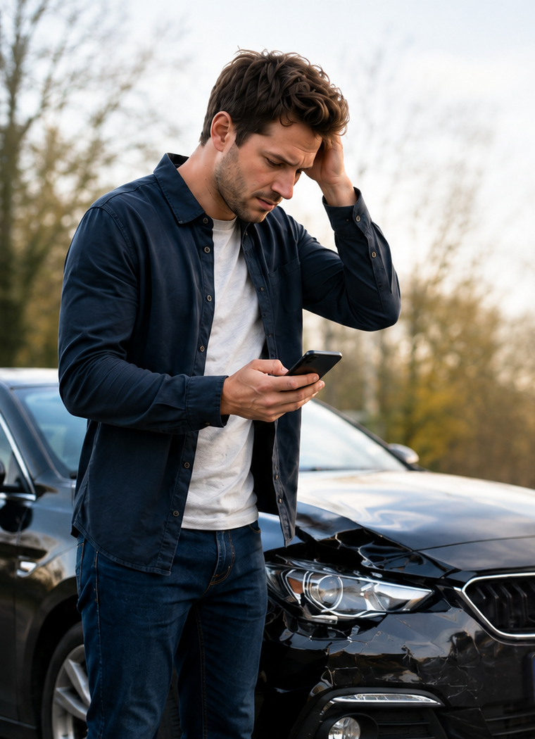 Besorgte Person nach einem Unfallschaden am Fahrzeug
